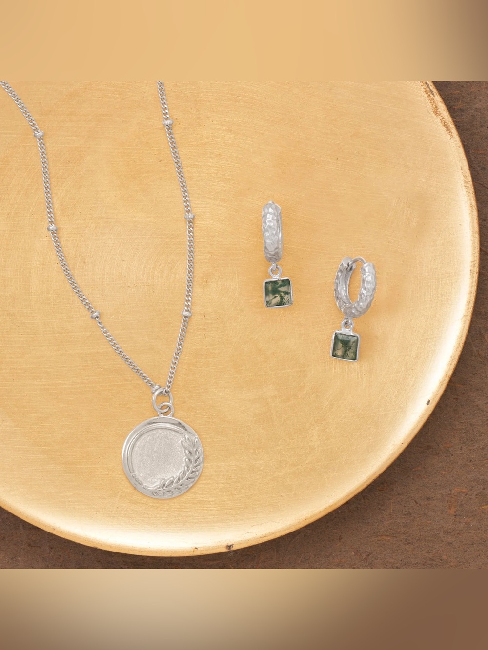 Sterling Silver Moss Agate Jewelry Set Necklace Hoop Earrings 925 sterling